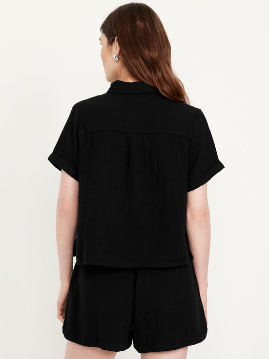 Crinkle Gauze Button-Down Shirt