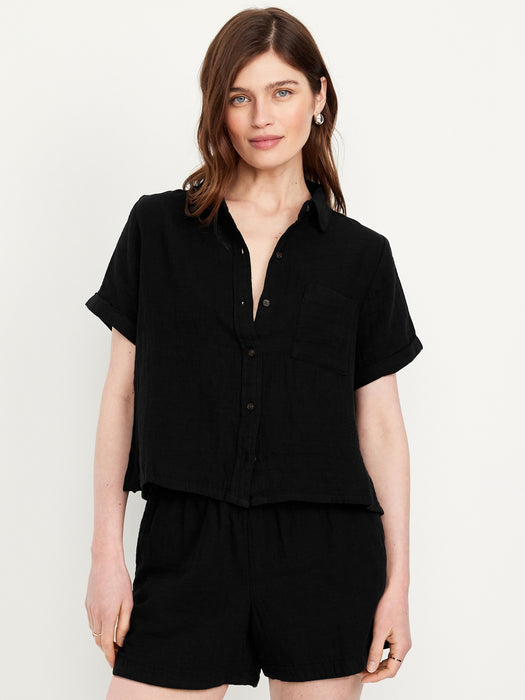Crinkle Gauze Button-Down Shirt
