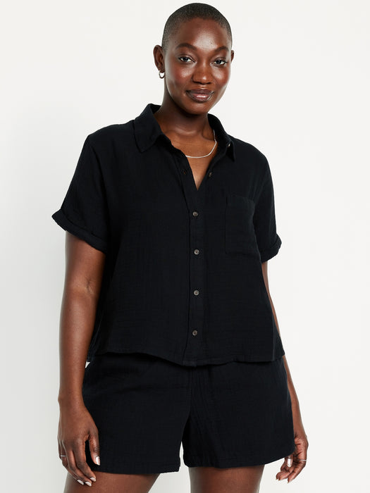 Crinkle Gauze Button-Down Shirt