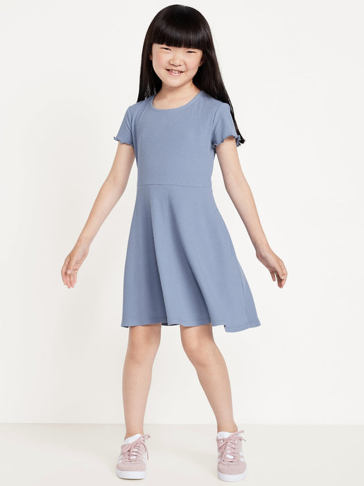 Short-Sleeve Ribbed Fit and Flare Dress for Girls