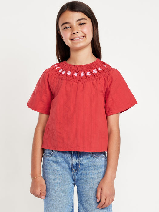 Short-Sleeve Textured Embroidered Top for Girls