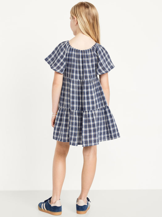 Printed Flutter-Sleeve Double-Weave Tiered Swing Dress for Girls