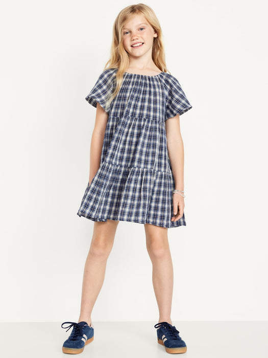 Printed Flutter-Sleeve Double-Weave Tiered Swing Dress for Girls