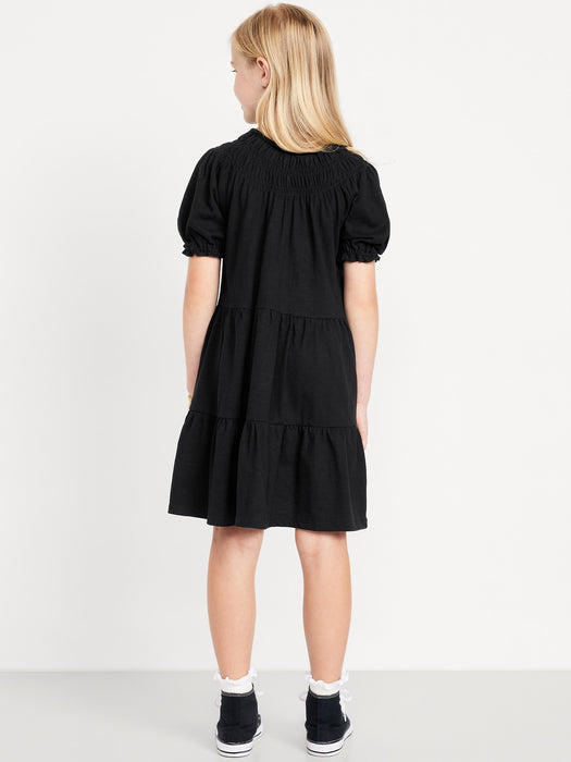 Short Puff-Sleeve Tiered Swing Dress for Girls