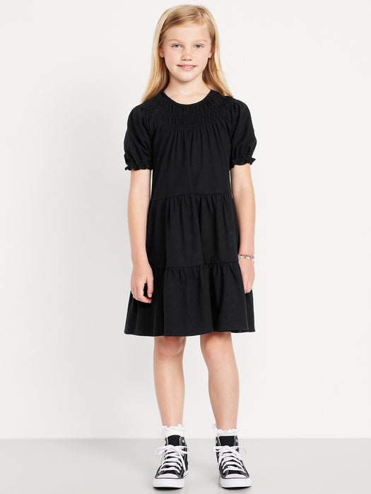 Short Puff-Sleeve Tiered Swing Dress for Girls