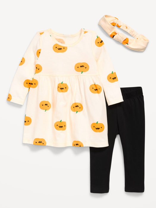Printed Long-Sleeve Dress, Leggings and Headband for Baby
