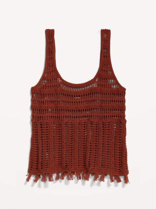 Open-Weave Seaside Cotton Fringe Tank Top