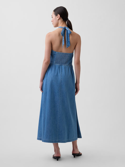 Denim Tie-Back Halter Maxi Dress