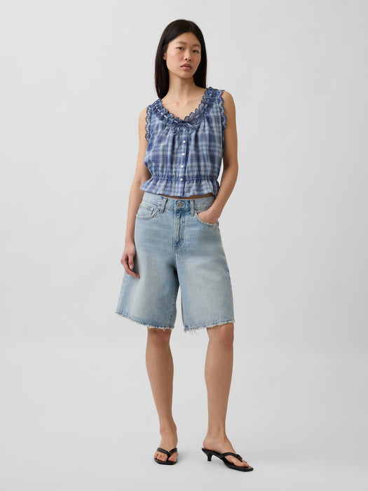 Eyelet Tie-Front Crop Peplum Top