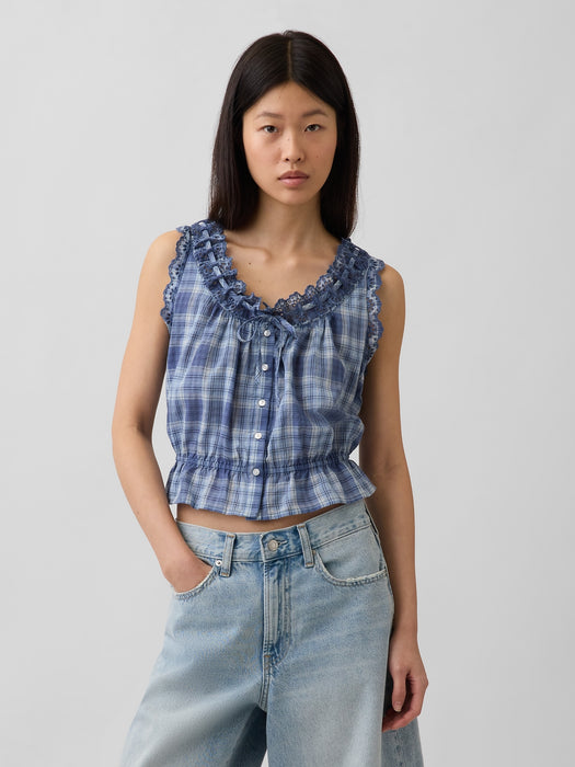 Eyelet Tie-Front Crop Peplum Top