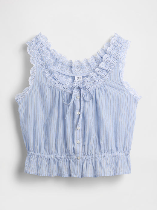 Eyelet Tie-Front Crop Peplum Top