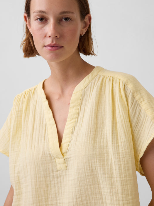 Cotton Gauze Oversized Split-Neck Top