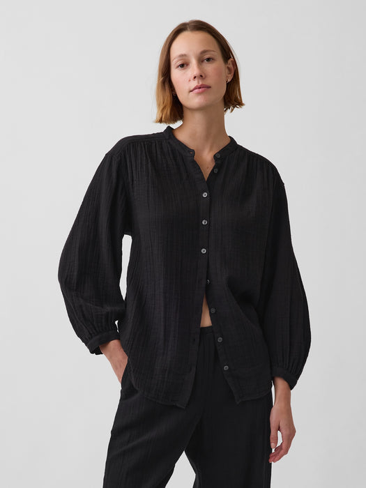 Cotton Gauze Oversized Collarless Shirt