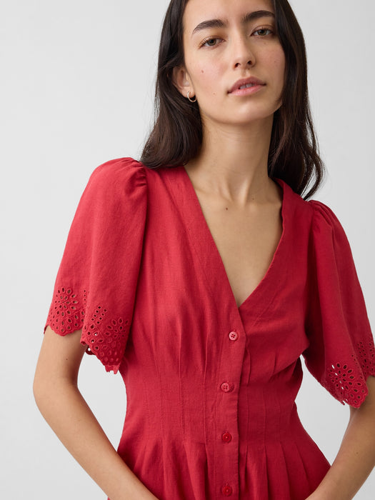Linen-Blend Cinched Mini Shirtdress