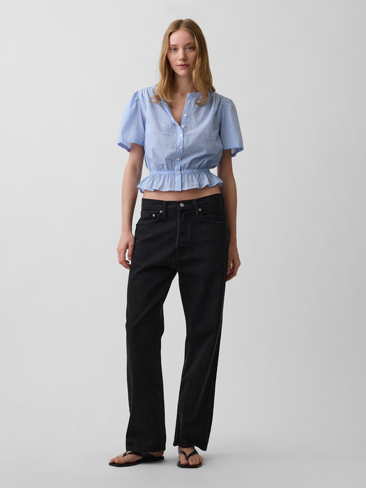 Button-Front Crop Peplum Top