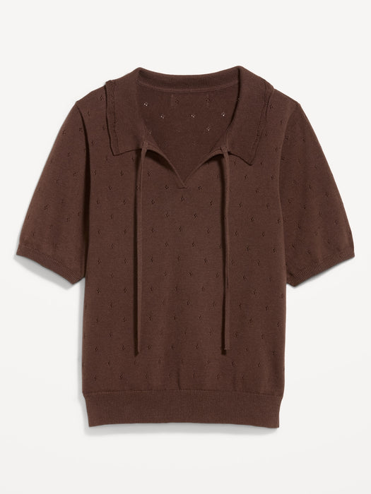 Tie-Front Seaside Cotton Pointelle Cropped Polo