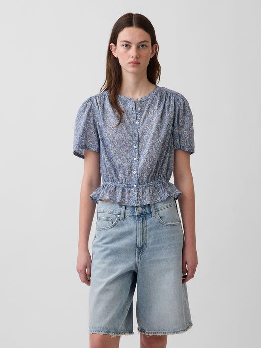 Button-Front Crop Peplum Top