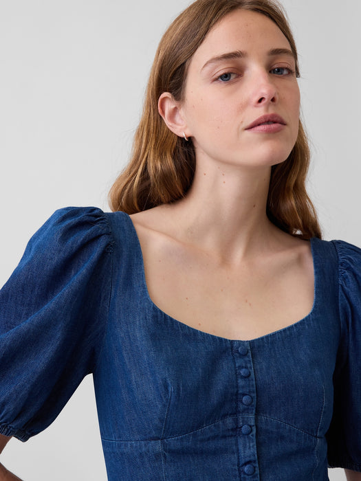 Denim Puff-Sleeve Sweetheart Mini Dress