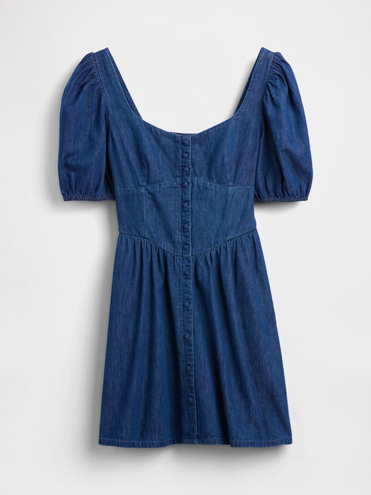 Denim Puff-Sleeve Sweetheart Mini Dress