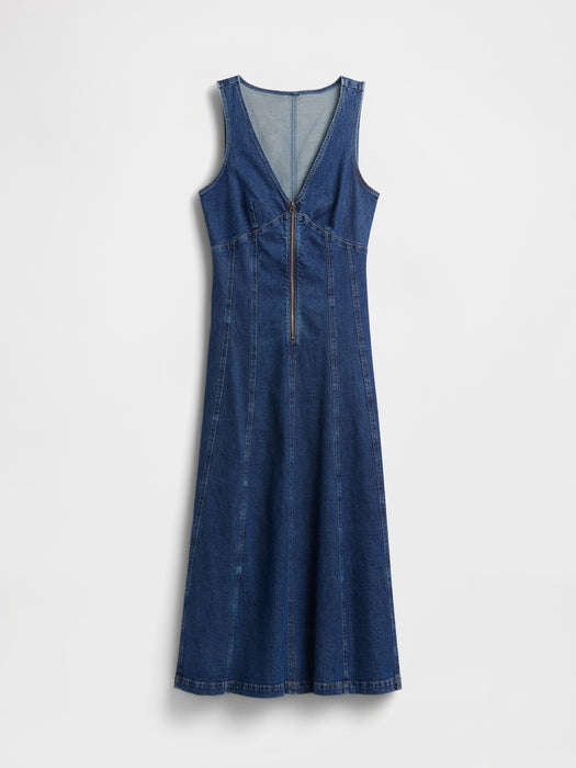 Denim Seamed Zip-Front Midi Dress