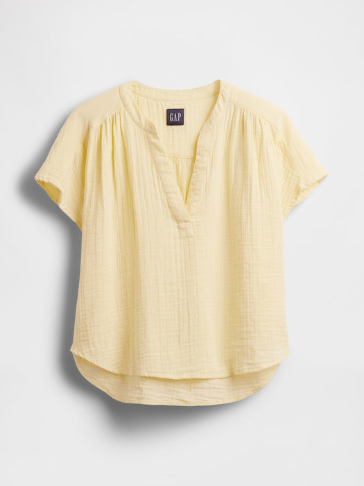 Cotton Gauze Oversized Split-Neck Top