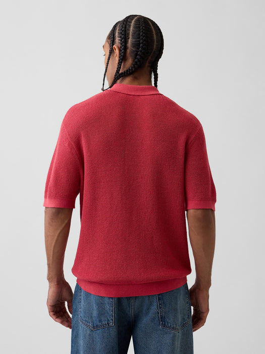 Linen-Blend Camp Polo Sweater Shirt