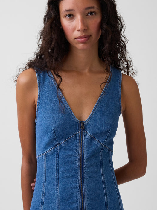 Denim Seamed Zip-Front Midi Dress