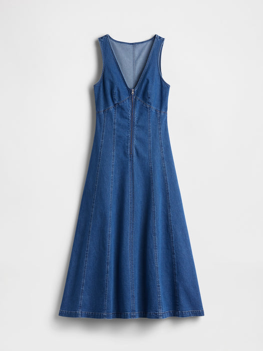 Denim Seamed Zip-Front Midi Dress
