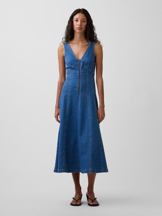 Denim Seamed Zip-Front Midi Dress