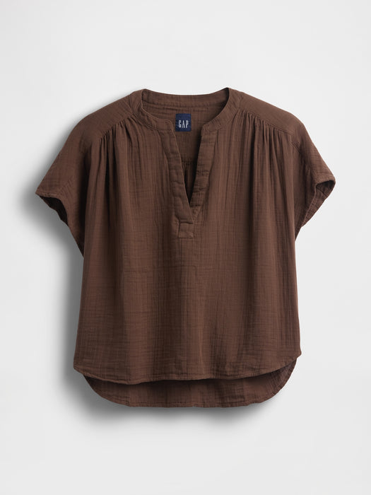 Cotton Gauze Oversized Split-Neck Top