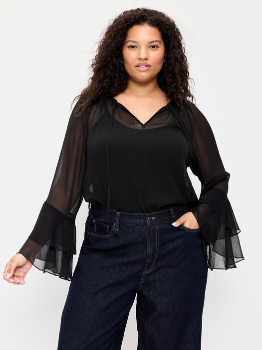 Sheer Chiffon Bell-Sleeve Top