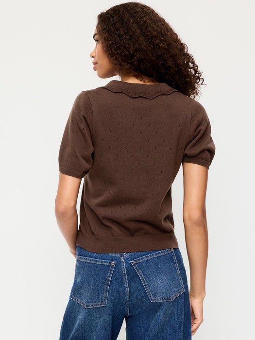 Tie-Front Seaside Cotton Pointelle Cropped Polo