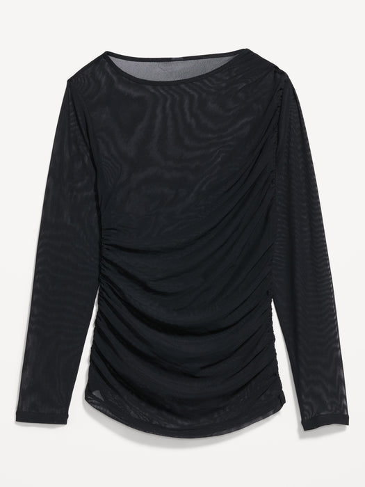 Long-Sleeve Asymmetrical Unlined Mesh Top