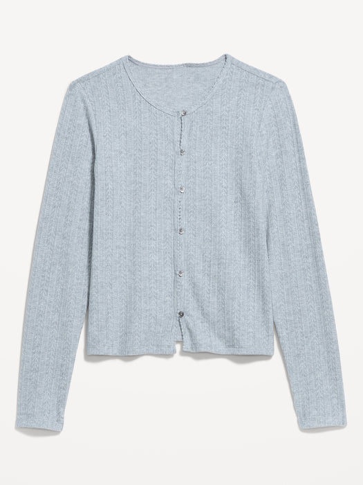 Long-Sleeve Button-Front Pointelle Top