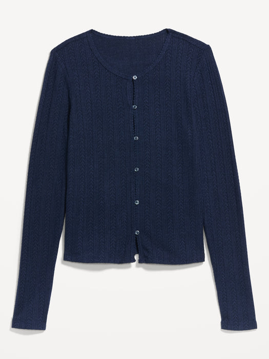Long-Sleeve Button-Front Cutout Pointelle Top
