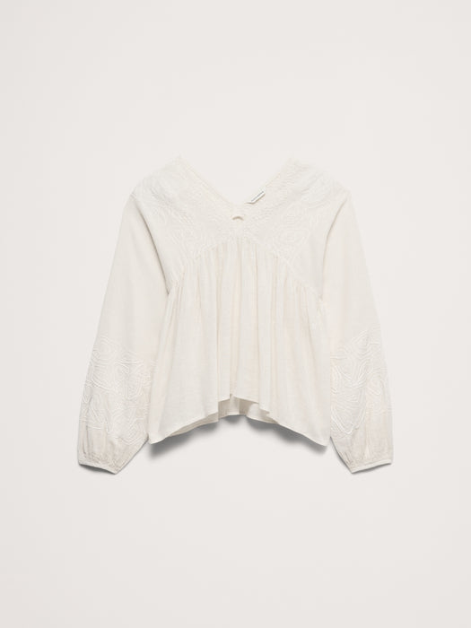 Embroidered Linen-Cotton Top