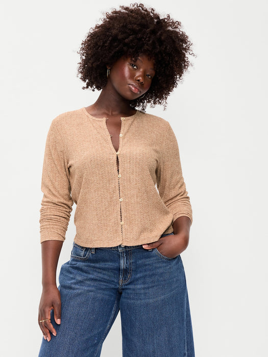 Long-Sleeve Button-Front Pointelle Top