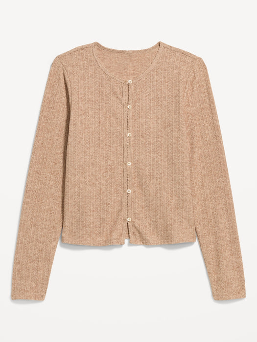 Long-Sleeve Button-Front Pointelle Top