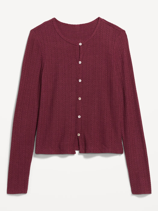 Long-Sleeve Button-Front Cutout Pointelle Top