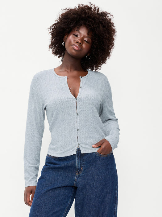 Long-Sleeve Button-Front Pointelle Top