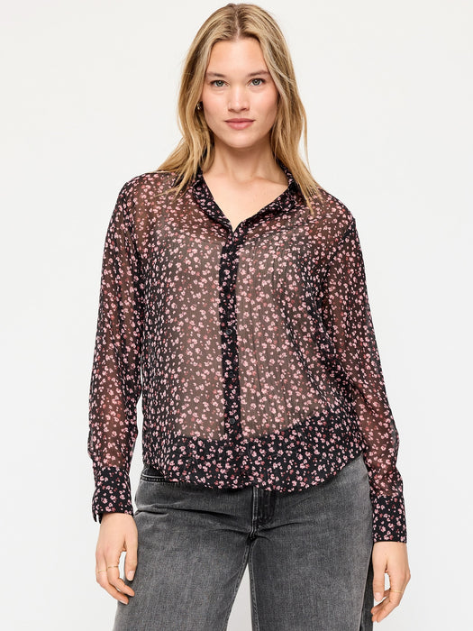 Sheer Chiffon Button-Down Shirt