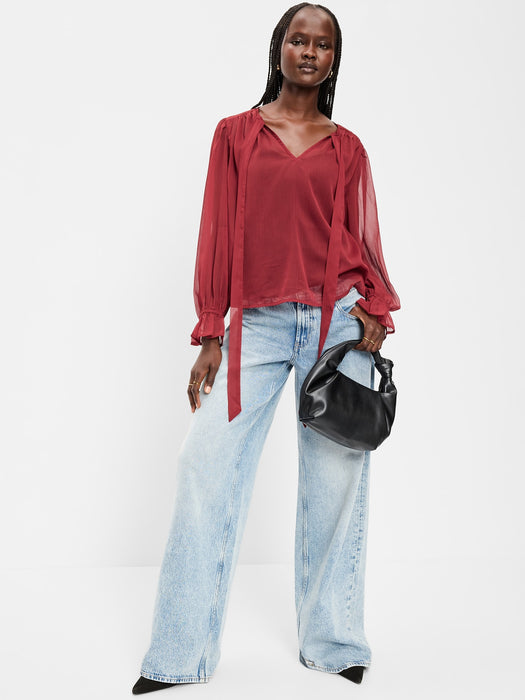 Long-Sleeve Chiffon Tie-Front Top