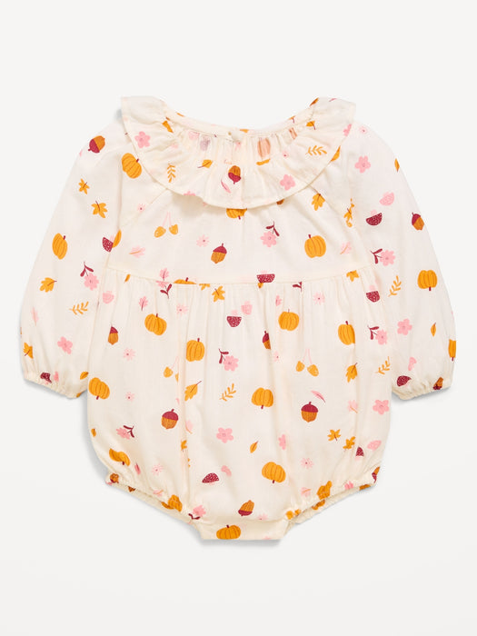 Printed Long-Sleeve Ruffle-Trim Romper for Baby
