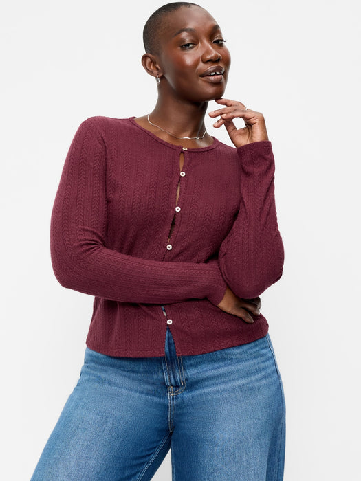 Long-Sleeve Button-Front Cutout Pointelle Top
