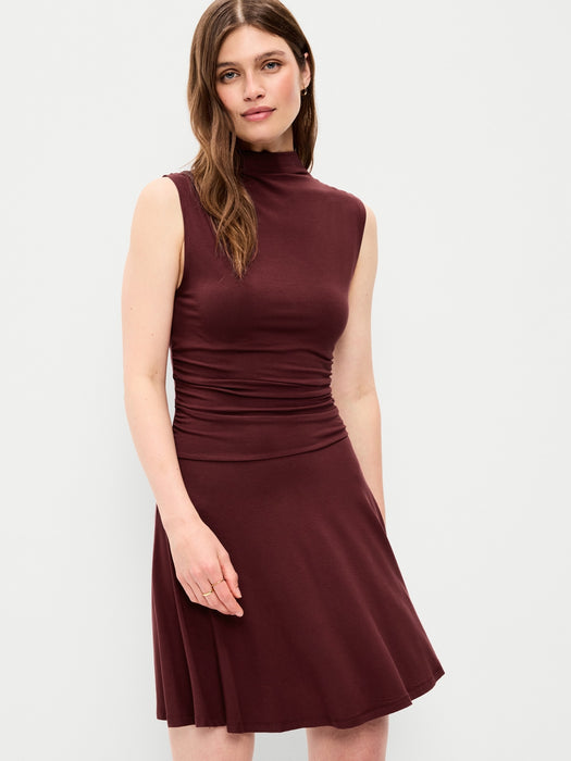 Gathered Mock-Neck Drop-Waist Mini Dress