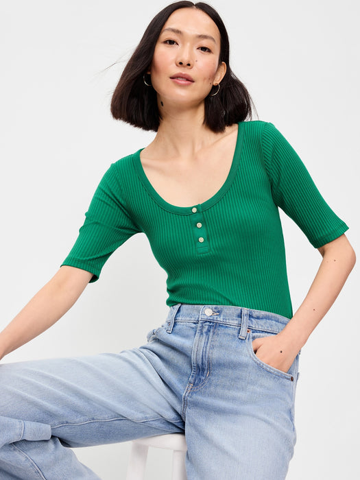 Scoop-Neck Fitted Henley Top