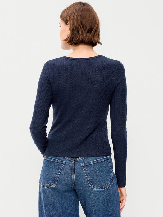 Long-Sleeve Button-Front Cutout Pointelle Top