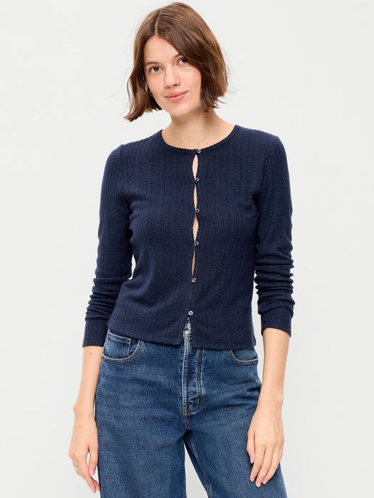 Long-Sleeve Button-Front Cutout Pointelle Top