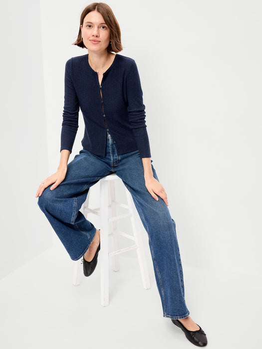 Long-Sleeve Button-Front Cutout Pointelle Top