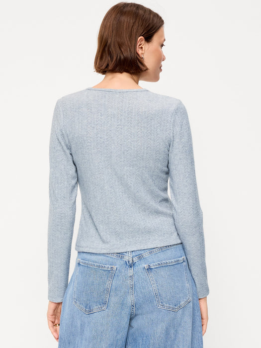 Long-Sleeve Button-Front Pointelle Top